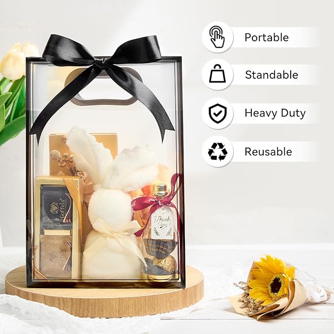 Premium Custom Clear Gift Bags with Matching Ribbon Bow for All Special Events (Black & White)