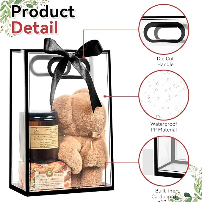 Premium Custom Clear Gift Bags with Matching Ribbon Bow for All Special Events (Black & White)