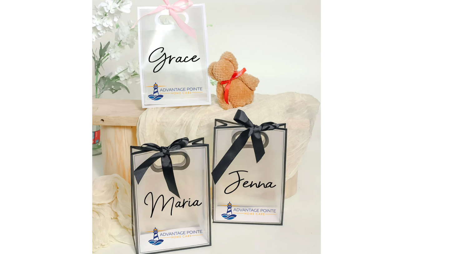Premium Custom Clear Gift Bags with Matching Ribbon Bow for All Special Events (Black & White)