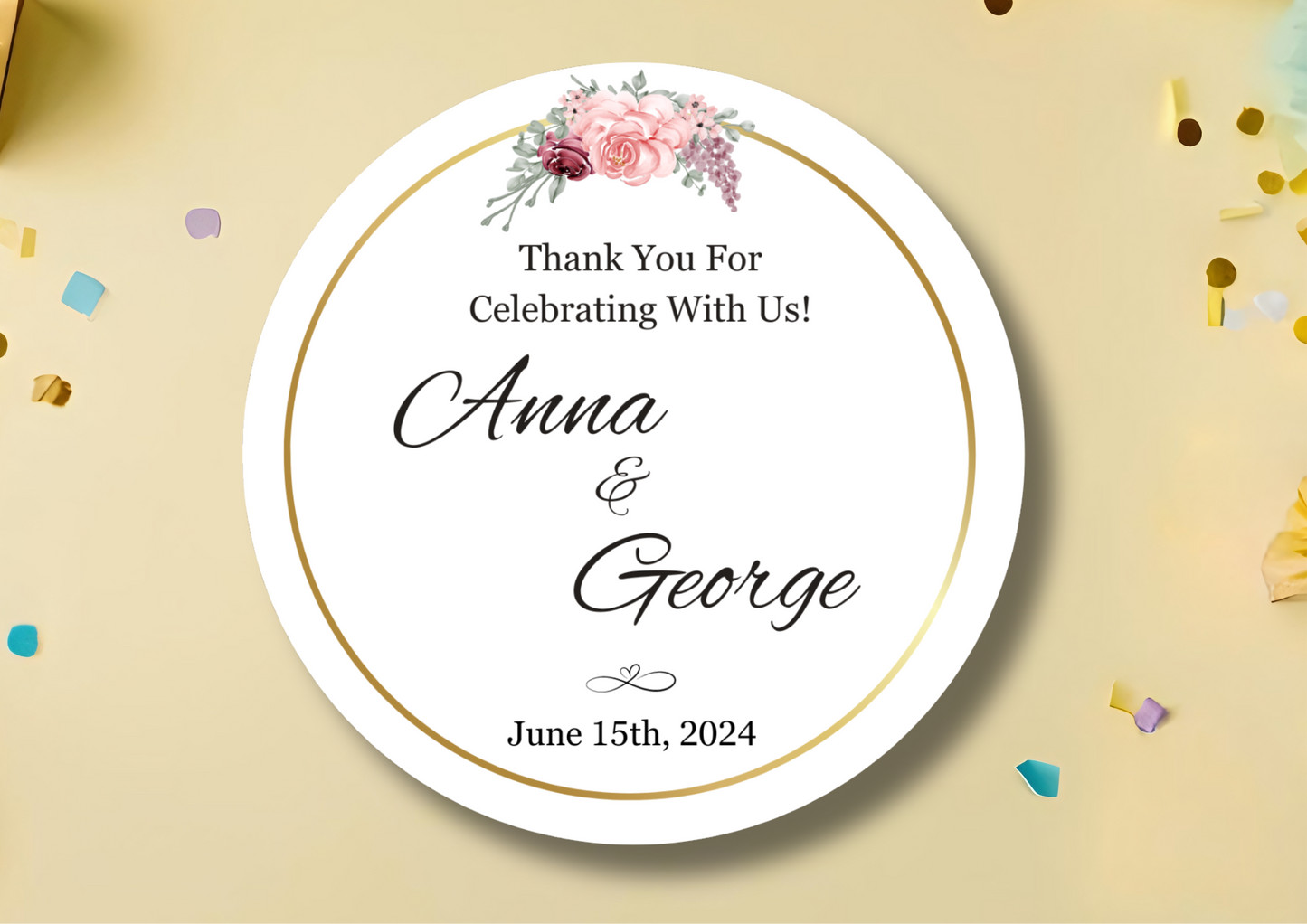 Wedding Stickers Custom | Cake Topper | Thank You For Celebrating With Us Personalized Favor Bags | Party Favor Labels | Personalized Round Sticker