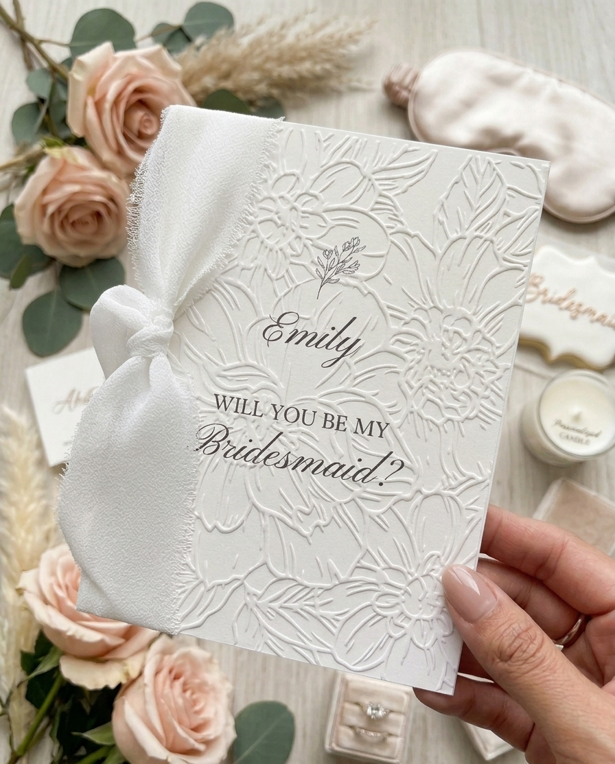Embossed Handmade Floral Bridesmaid Proposal Card | Maid of Honor, Matron, Bridesmaid, Flower Girl