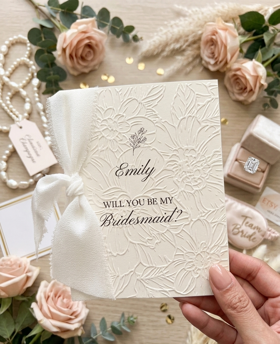 Embossed Handmade Floral Bridesmaid Proposal Card | Maid of Honor, Matron, Bridesmaid, Flower Girl