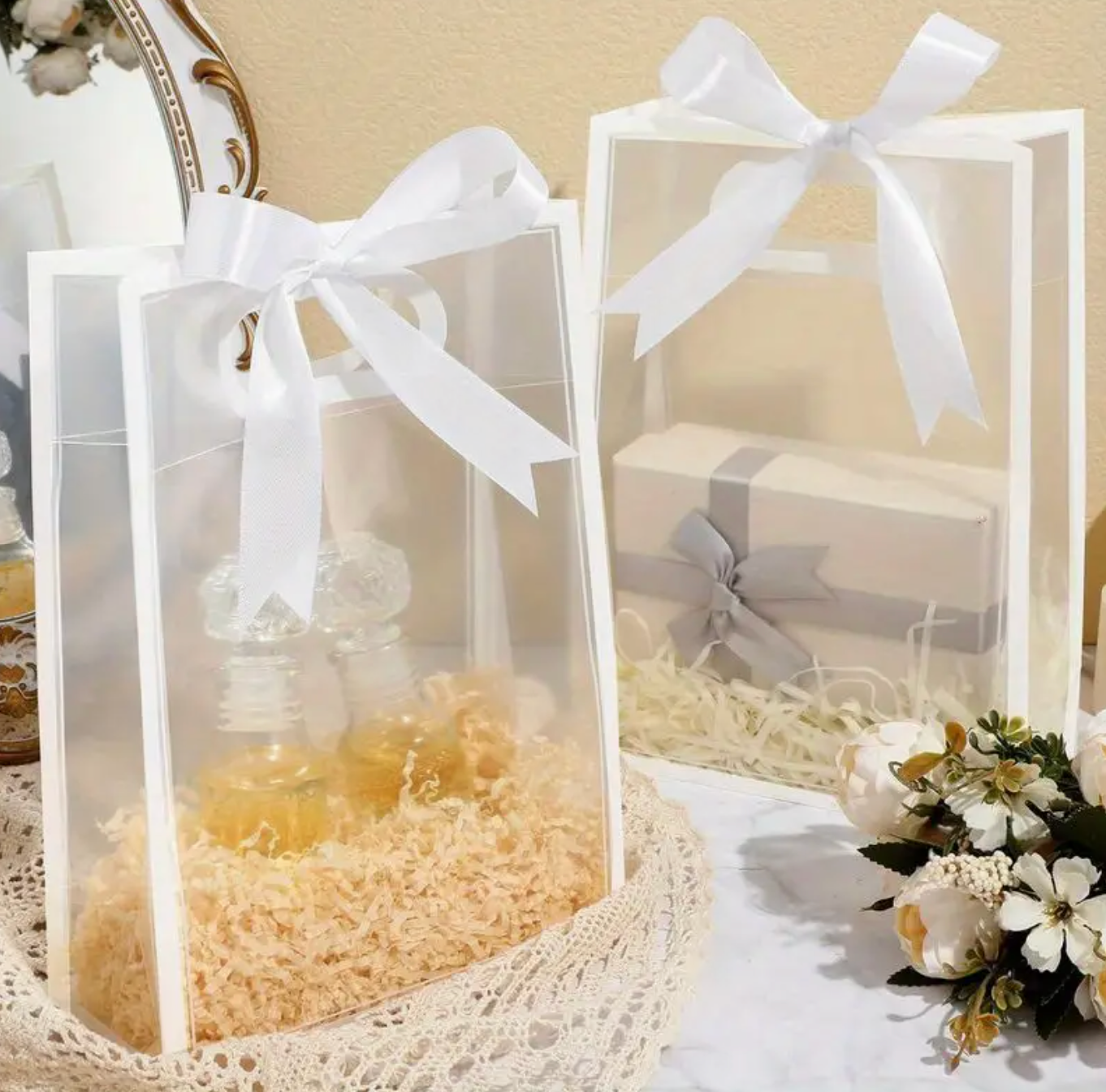 Premium Custom Clear Gift Bags with Matching Ribbon Bow for All Special Events (Black & White)
