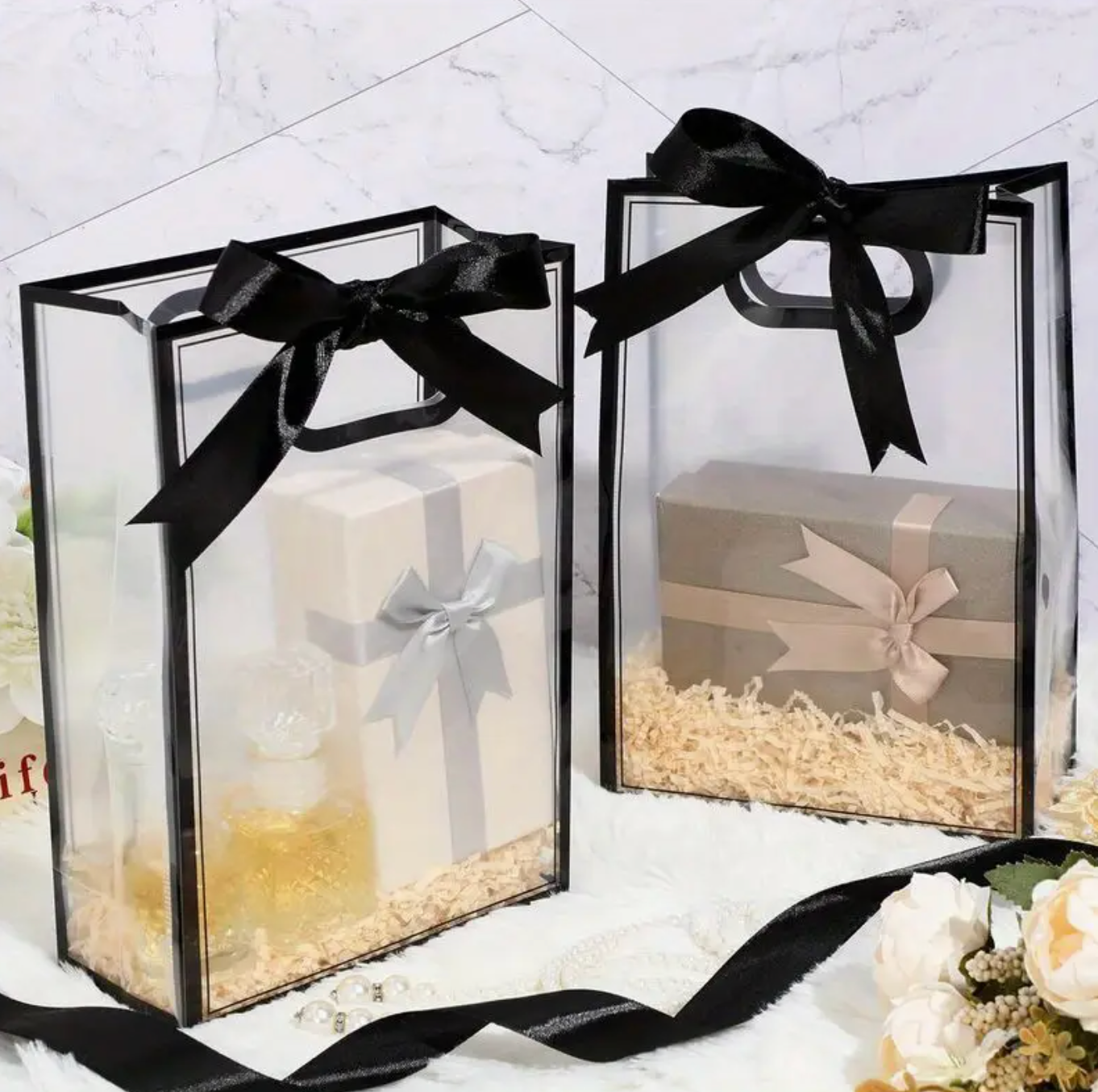 Premium Custom Clear Gift Bags with Matching Ribbon Bow for All Special Events (Black & White)